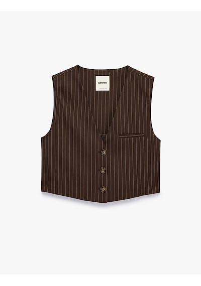 Koton V Yaka Düğmeli Çizgili Crop Blazer Yelek Kahverengi Çizgili 7wak20007pw