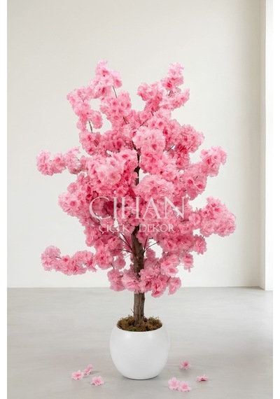 27 33 Küre Saksılı Yapay Pembe Bahar Dalı Ağacı 120 Cm Beyaz