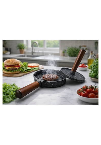 Döküm Demir Hamburger Presi Ve Köfte Kalıbı - Et Mühürleme, Alt Üst Homojen Pişirme - Model 127853320350