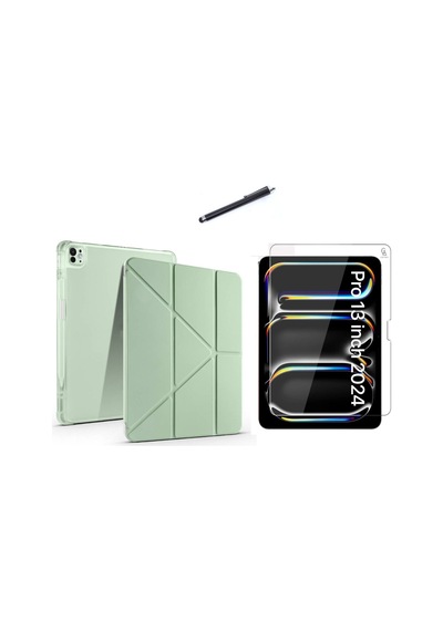 Apple Uyumlu iPad Pro 13 2024 M4 A2925-a2926 Tri Fold Kalemlikli Tablet Kılıfı Ekran Koruyucu Ve Kalem