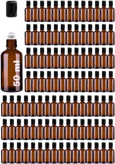 Çelik Roll On Şişesi 50 ML Sızdırmaz Siyah Kapaklı Amber Cam Şişe 100 Adet