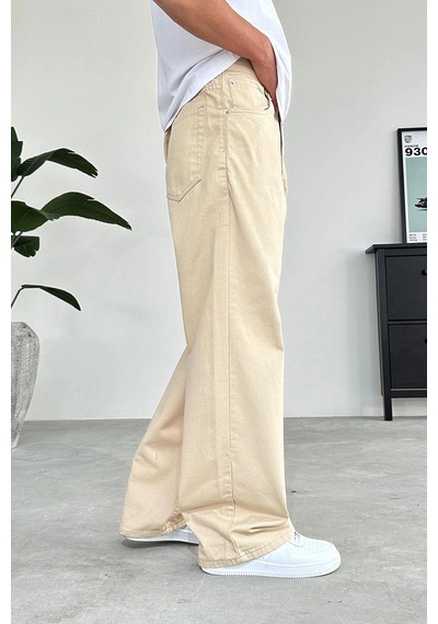 Bej Basic Gabardin Ekstra Bol Baggy Pantolon Bej