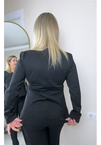 Büyük Beden Işıltılı V Yaka Peplum Bluz Siyah