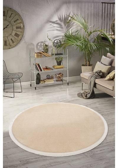 Comfort Düz Saçaklı Peluş Halı Bej Bej Daire Düz Saçak