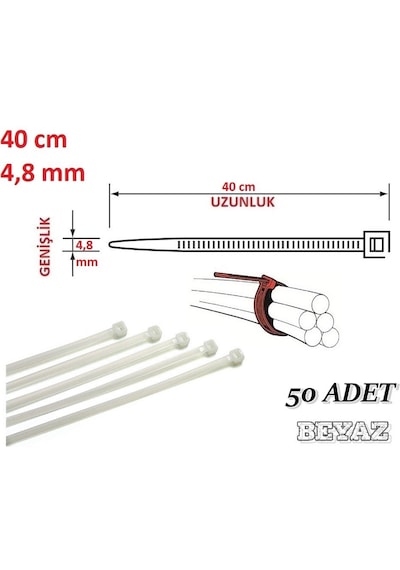 50 Adet 40cmx4,8mm Beyaz Plastik Cırt Kelepçe Kablo Bağı