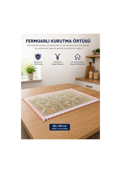 80x100 Cm Fermuarlı Tül Kurutma Örtüsü Toz Ve Böceklere Karşı Koruyucu Hijyenik Kurutma Filesi