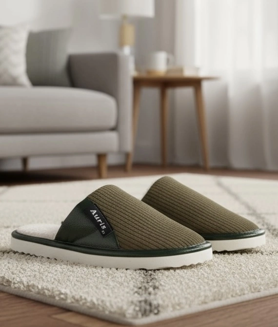 Ar-060 Unisex Kadife Kumaş İçi Kürklü Kışlık Ev Terliği Haki