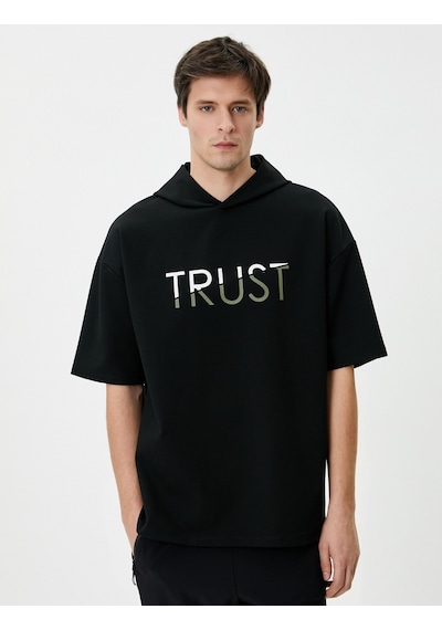 Koton Sweatshirt Eşofman Üstü Baskılı Kapüşonlu Kısa Kollu Siyah 4wam70056nk Siyah