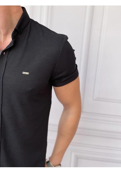 Modefendi Slim Fit Pamuk Örme Polo Yaka Kısa Kollu Gömlek Siyah