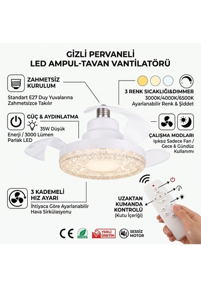 Gizli Pervaneli Led Ampul-tavan Vantilatörü Hv501 Çok Renkli