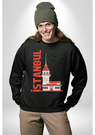 İstanbul Kız Kulesi Türkiye Unisex Siyah Sweatshirt Siyah