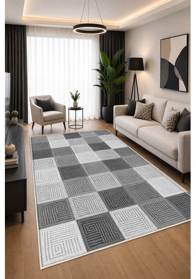 Gri Dijital Baskı Halı Kaymaz Tabanlı Yıkanabilir Halı Yolluk Salon Halısı2152