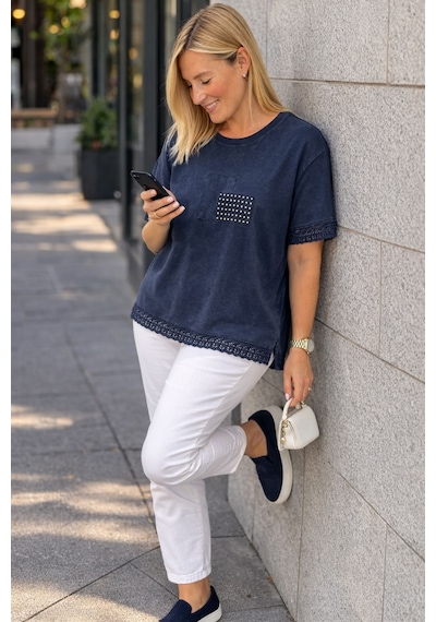 Cedy Denim Cedy - Kadın Özel Tasarım Esnek, Pul Payet, Dantel Detaylı Yıkamalı Büyük Beden Tişört Lacivert Cedy Denim Cedy - Kadın Özel Tasarım Esnek, Pul Payet, Dantel Detaylı Yıkamalı Büyük Beden Tişört Lacivert