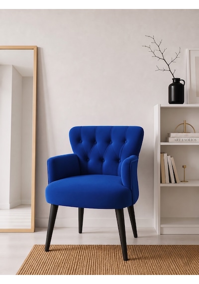 Roma Saks Mavi Babyface Kumaş Berjer Siyah Ahşap Ayaklı Modern Tekli Koltuk