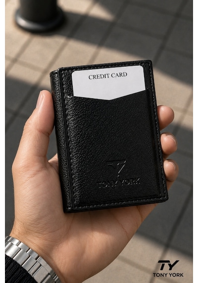Tony York Orijinal Erkek Özel Kutulu Otomatik Mekanizmalı Rfid Korumalı Hırsızlık Engelleyici Kartlıklı Cüzdan siyah