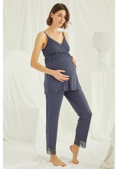 Lohusa Sepeti Lohusasepeti Dantelli Sabahlıklı Askılı Lohusa Pijama Takımı Lacivert - 18432 001