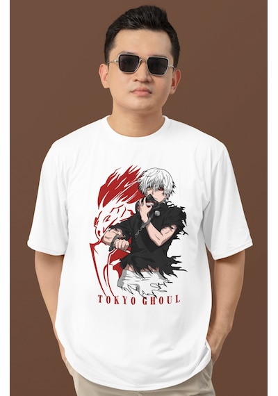 Tokyo Ghoul Wiki Baskılı Unisex Oversize Anime Dizi Karakter Tişö Beyaz