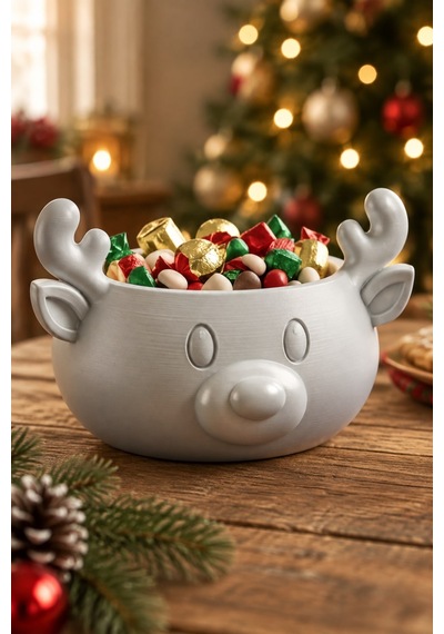 Sonbahar Ve Noel Temalı Ren Geyiği Figürlü Bowl - Sunum Kabı Gümüş