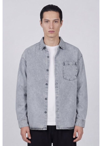Sabri Özel Erkek Açık Gri Normal Kesim Regular Fit Pamuk Torba Cep Uzun Kollu Denim Ceket Gömlek