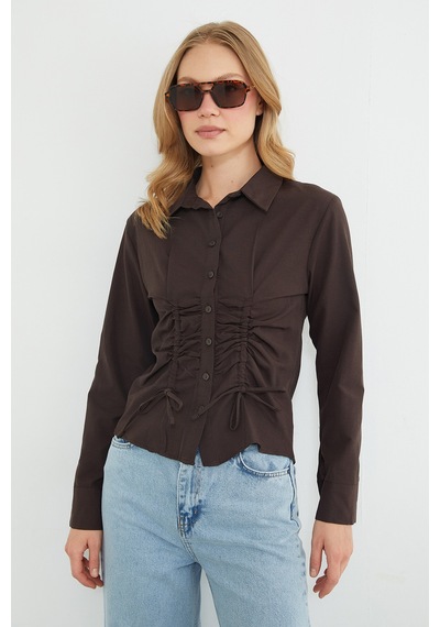 Fullamoda Önü Büzgülü Slim Fit Gömlek Kahve