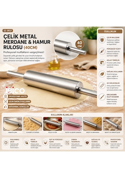 Go İthalat Çelik Metal Merdane - Hamur Rulosu 40cm Gümüş