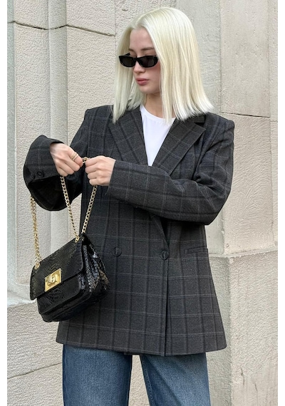 Antrasit Kareli Kadın Blazer Ceket Mg2624 Antrasit