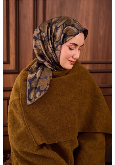 Silk Home Twill İpek Eşarp Lacivert Yeşil Vizon Papatya Desenli Tok Duruşlu 90x90 Çok Renkli