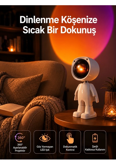 180 Derece Dönebilen Astronot Masa Ve Gece Lambası Projektör Açık Altın