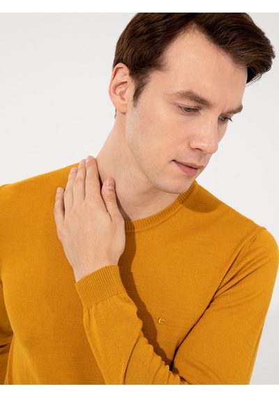 Cacharel Sarı Slim Fit Bisiklet Yaka Basic Triko Kazak