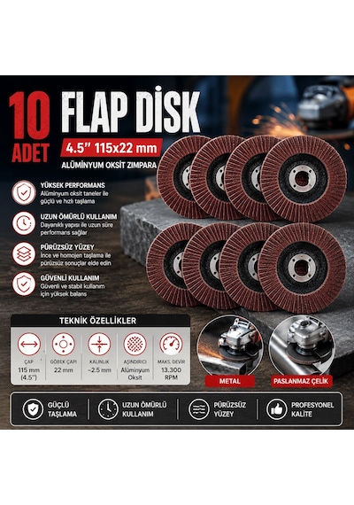 10 Adet Profesyonel Flap Disk Seti, 115mm Zımpara Taşı, Kaynak Temizleme Ve Metal Yüzey İşleme Diski