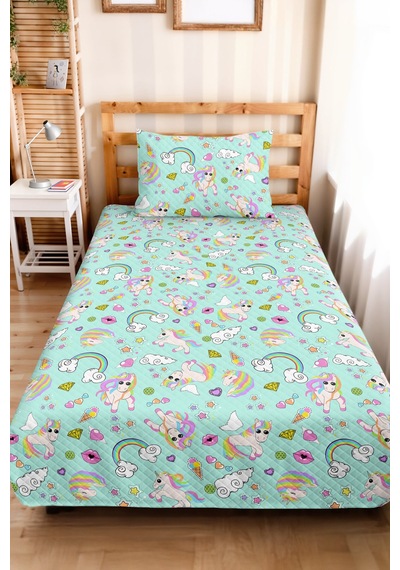 Evimde Bambaşka Mint Unicorn Gökkuşağı Kız Çocuk Pike Takımı-pastel Bulut Kalp Bebek Odası Yatak Örtüsü-160x220  CM