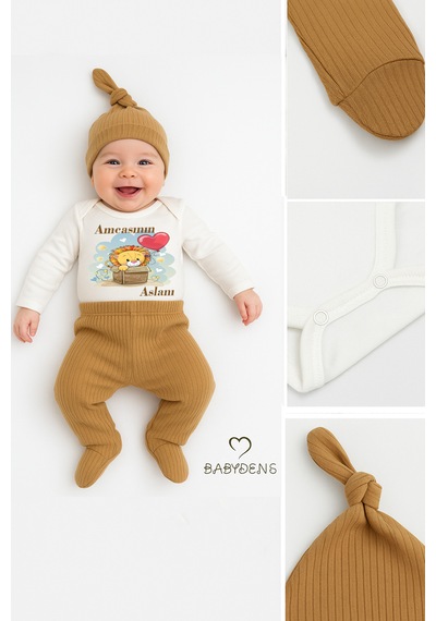 Babyden's Amcasının Aslanı Yazılı 3 Lü Bebek Takımı Uzun Kollu Çıtçıtlı Body,patikli Pantolon Şapka Set Unisex Açık Kahverengi