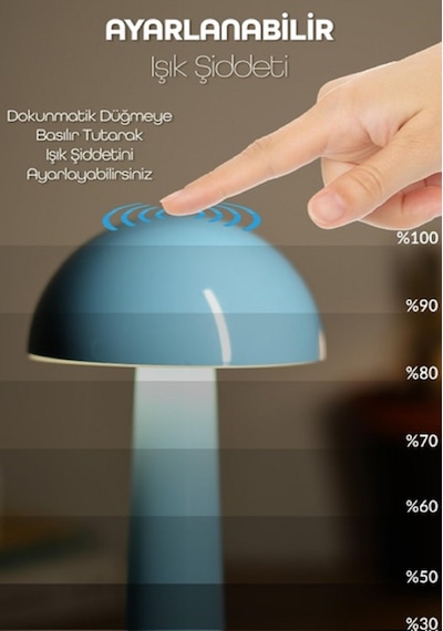 Avec Dokunmatik Mantar Masa Lambası 3 Işık Renkli Dim Ayarlı Şarjlı Masa Lambası Ledli Abajur Mavi Mavi