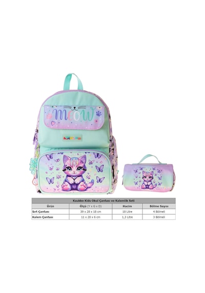 Kaukko Kids Meow Yeşil - Mor Kız Çocuk İlkokul Sırt Çantası Ve Kalem Çantası Seti - Setkk-l5288c Çok Renkli