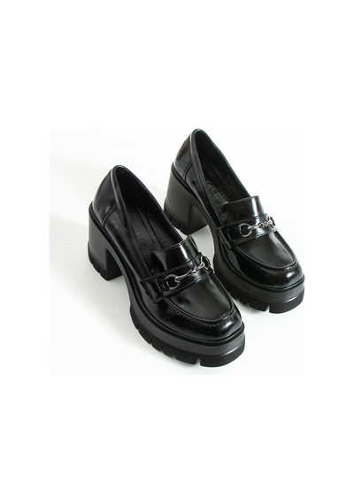 Dabab Shoes Chonora Kadın Siyah Rugan Zincir Detaylı Kalın Taban Topuklu Loafer