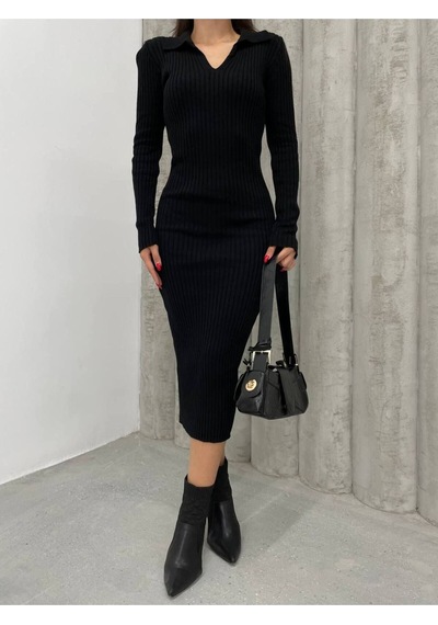 Msm Fashion Kadın Elbise Uzun Triko Kışlık Polo Yaka Likralı Kalem Elbise Siyah