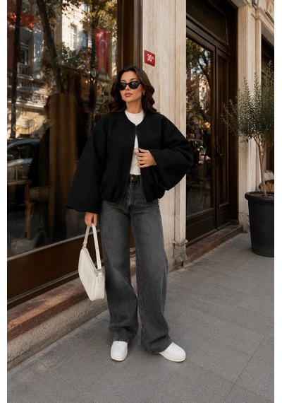 Unika Boutique Kadın Kaşe Kumaş Bomber Ceket Siyah