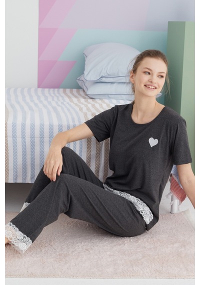 Siyah İnci Pamuklu Örme Pijama Takım 24113177 Antrasit