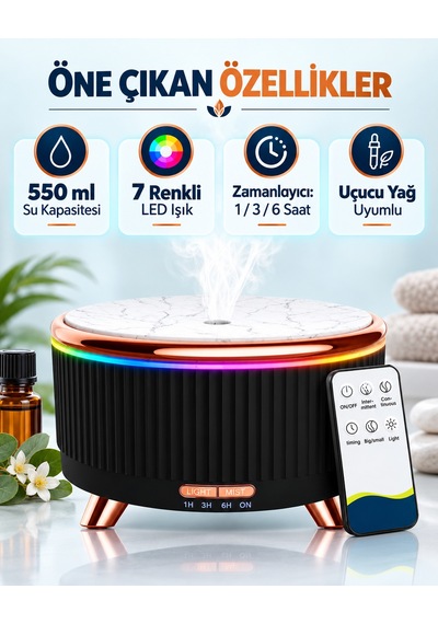 500 Ml Aroma Difüzör Hava Nemlendirici Esansiyel Yağ Uyumlu Ultrasonik Buhar Makinesi 7 Renk Led Işıklı Zamanlayıcılı Sessiz Mermer Görünümlü