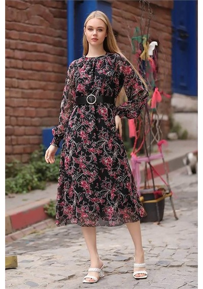 Neşeli Butik Kadın Kırmızı Kemerli Yakası Büzgülü Uzun Şifon Elbise Rssn27 Kırmızı