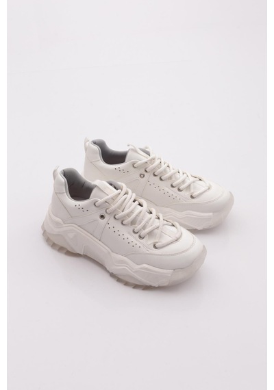 Dgn 65119-22y Kadin Bağcikli Kalin Taban Sneakers Ayakkabi Beyaz Cilt