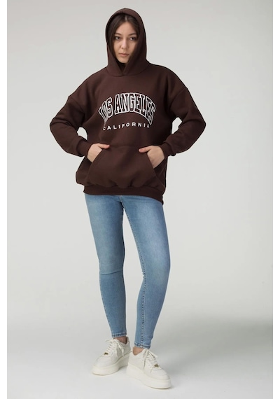 Uyguntarz Unisex Los Angles Baskılı Sweatshirt Kahverengi