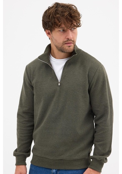 Mmetalic Erkek Haki Standart Fit Normal Kesim Pamuklu Yarım Fermuarlı Dik Yaka Pamuklu Sweatshirt Haki