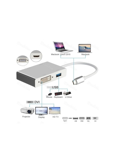 Type C To Hdmı Vga Dvı Usb 3.0 4498P Çevirici Adaptör Apple Uyumlu MacBook Hub