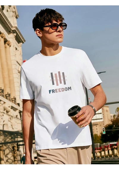Unisex Oversize Freedom Baskılı Bisiklet Yaka Beyaz T-shirt Beyaz