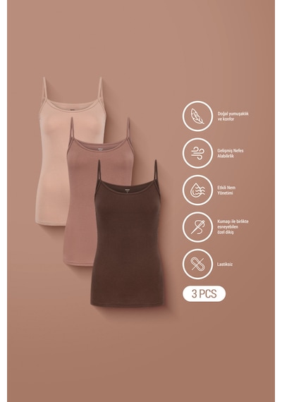 Auw Kadın İp Askılı Pamuklu Modal Basic Atlet 3'lü - Softfit Latte,bitter,bronz