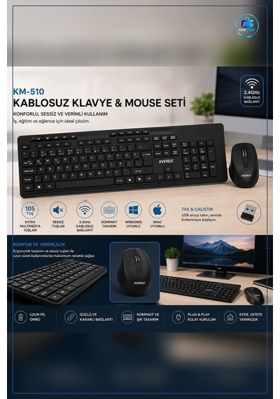 Mouse Klavye Seti Kablosuz Multimedya Siyah Q Düzen 2.4 Ghz Nano Optik