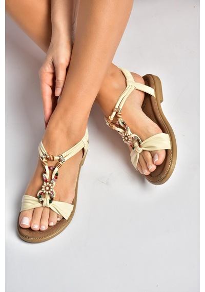 Fox Shoes Y274601809 Bej Boncuk Detaylı Kadın Sandalet