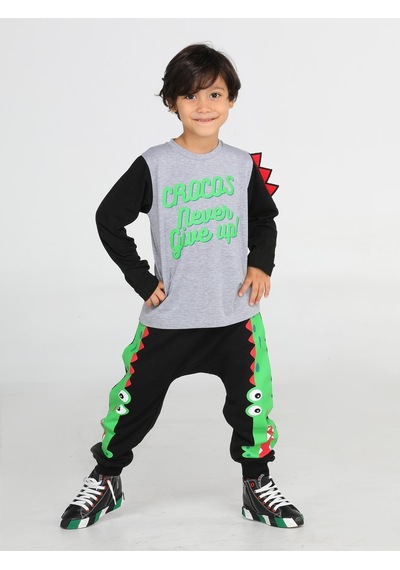 Casabony Crocos Siyah Erkek Çocuk Pantolon+T-Shirt Takım-Gri - Siyah