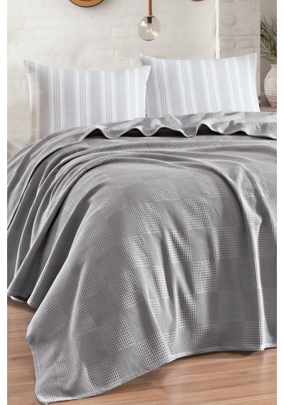 Eponj Home Çarşaflı Pike Takımı Çift Kişilik %100 Pamuk 4 Parça Softçizgili Desenli Gri Weave Serisi Gri